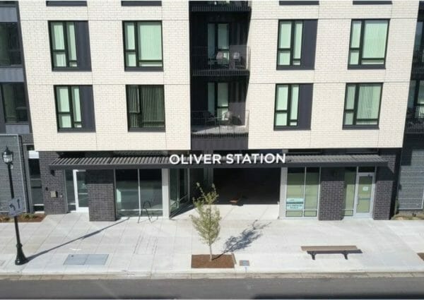Oliver Station building white and grey walls